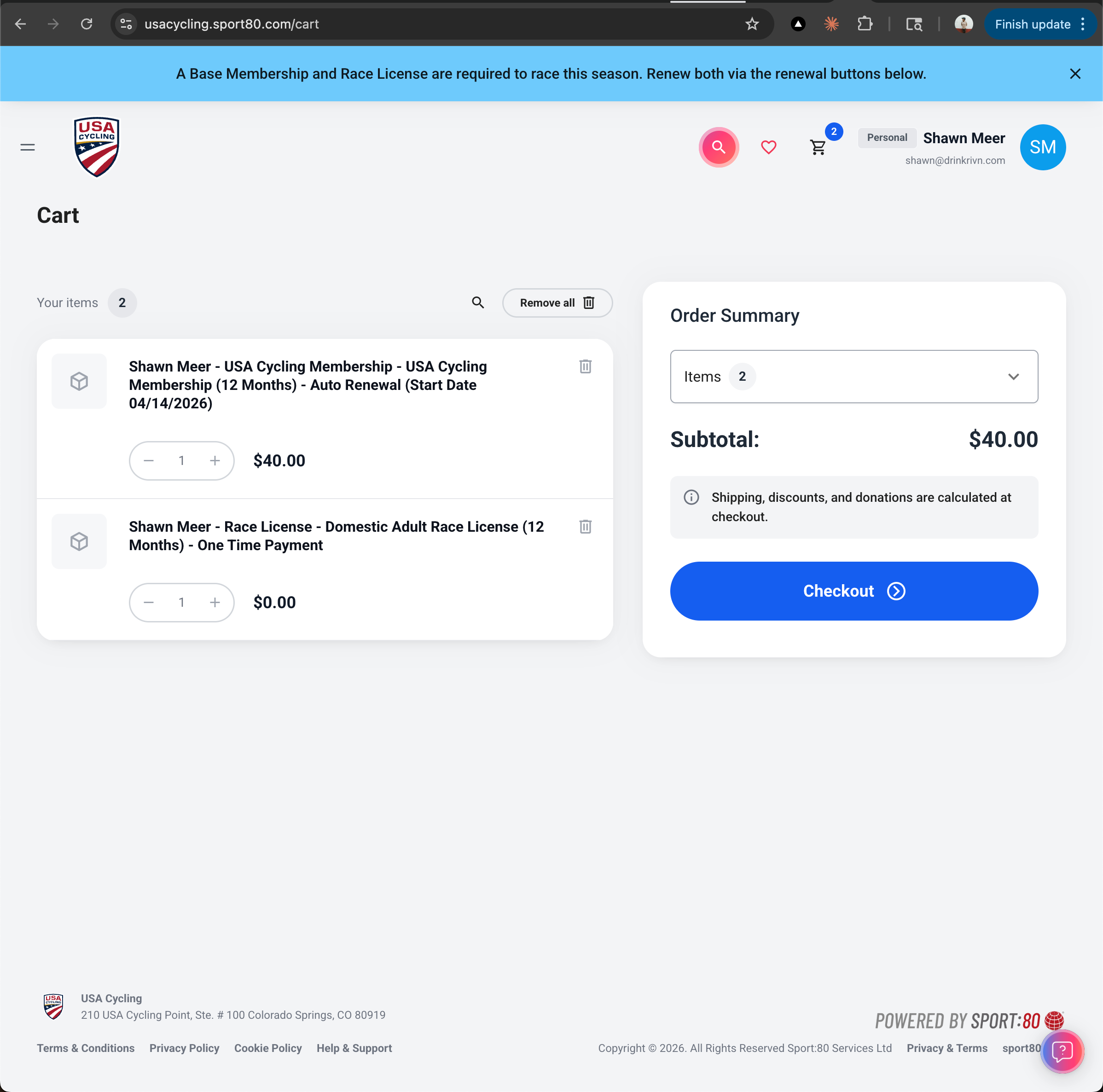 Cart showing 2 items: USA Cycling Membership at $40.00 and Domestic Adult Race License at $0.00