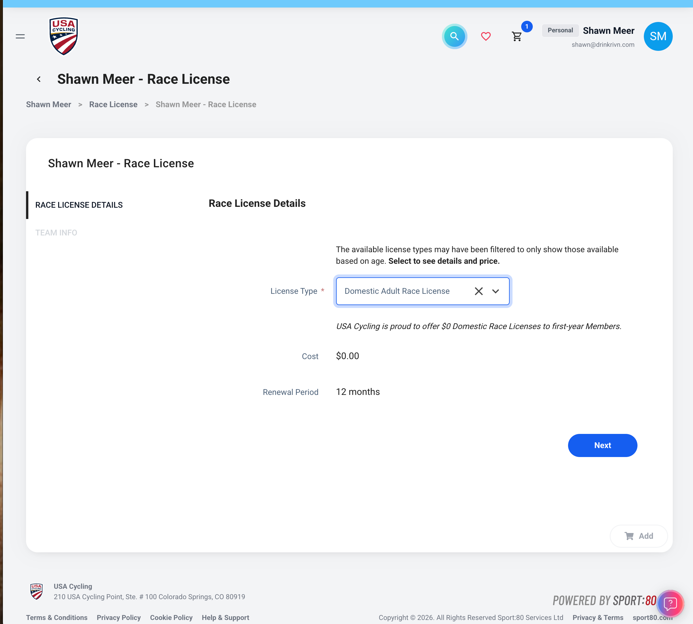 Race License form showing Domestic Adult Race License selected at $0.00