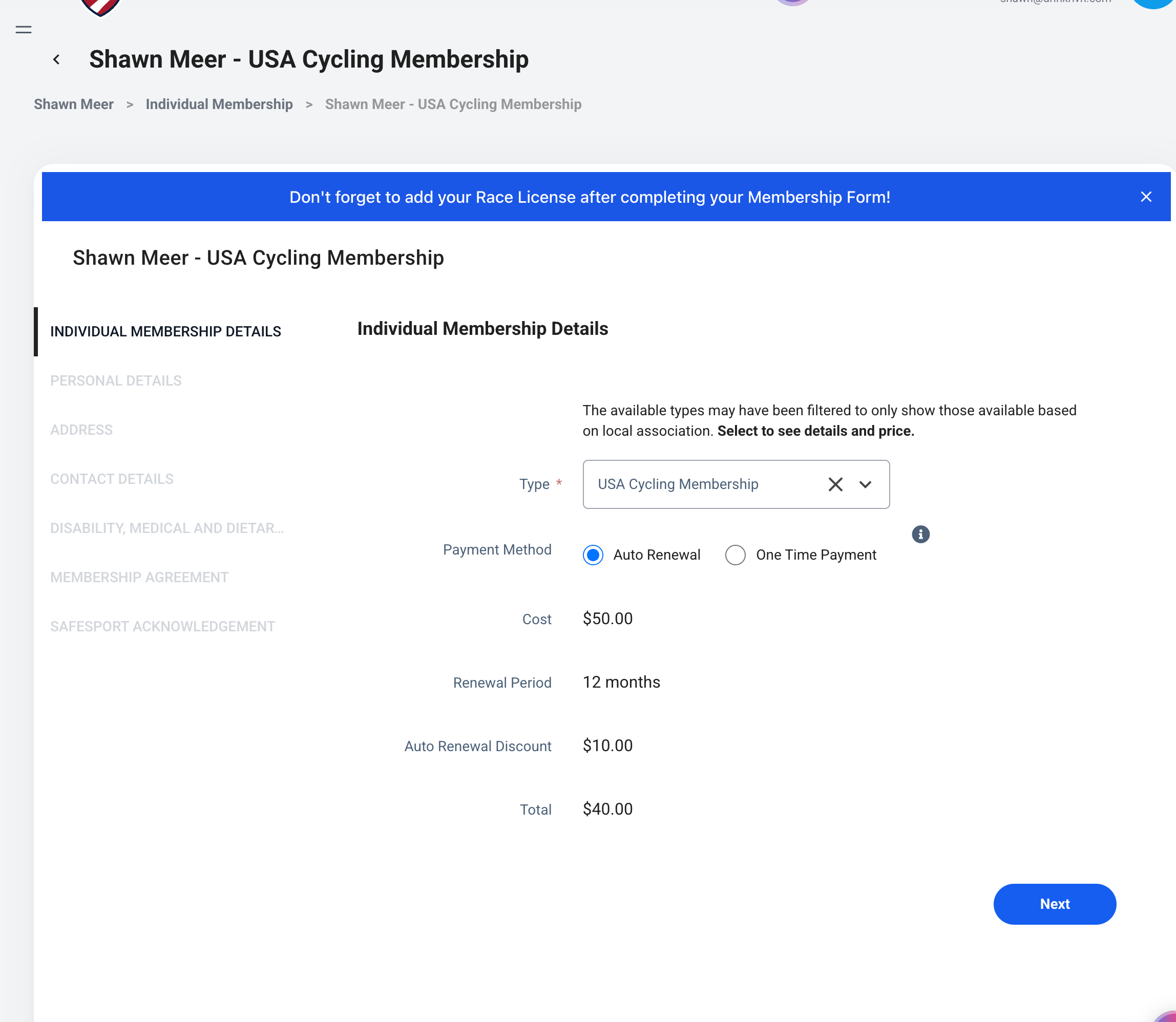 USA Cycling membership form showing $40 with auto-renewal or $50 one-time payment