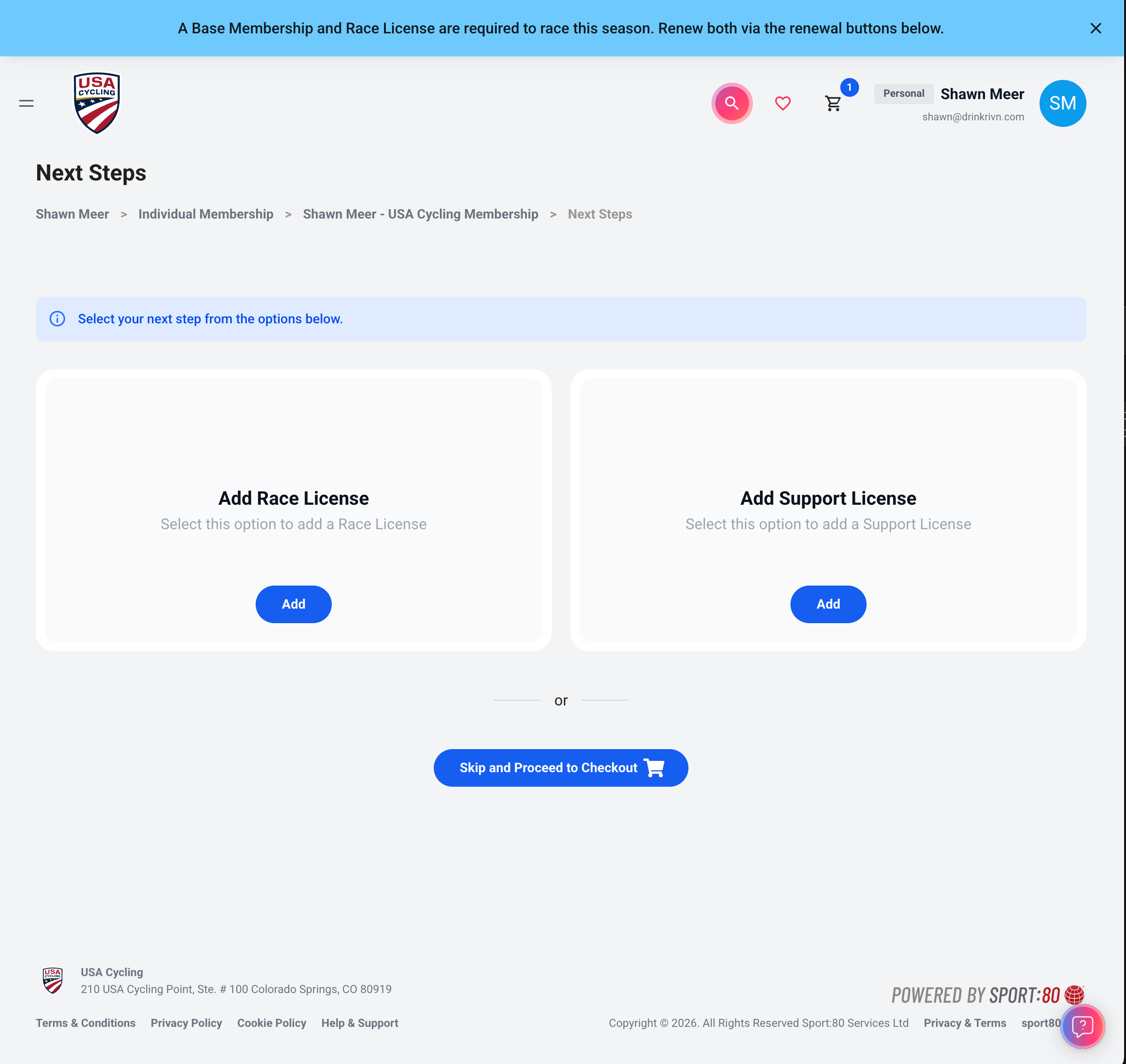 Next Steps page showing Add Race License and Add Support License options